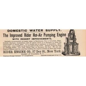 1891 Rider Engine Co Improved Hot Air Pumping Engine Print‎ Ad Water Supply